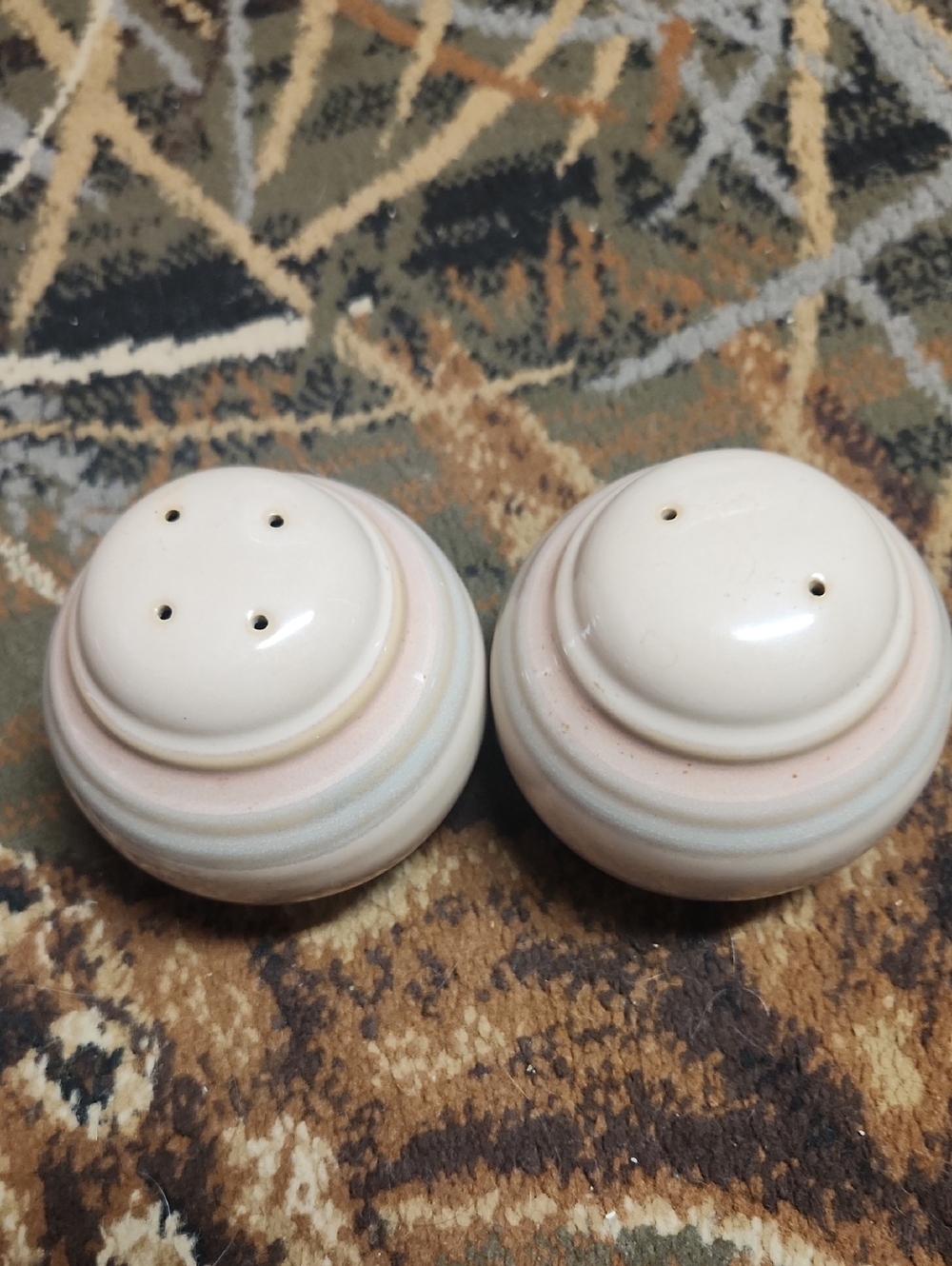 Noritake Cream Salt & Pepper Shakers with Pink and Light Blue Bands